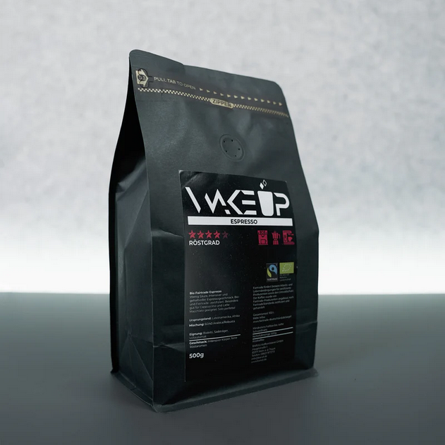 WAKEUP ESPRESSO 500-g-Tüte, matt-schwarz mit weißem Etikett, Bio- und Fairtrade-Siegel
